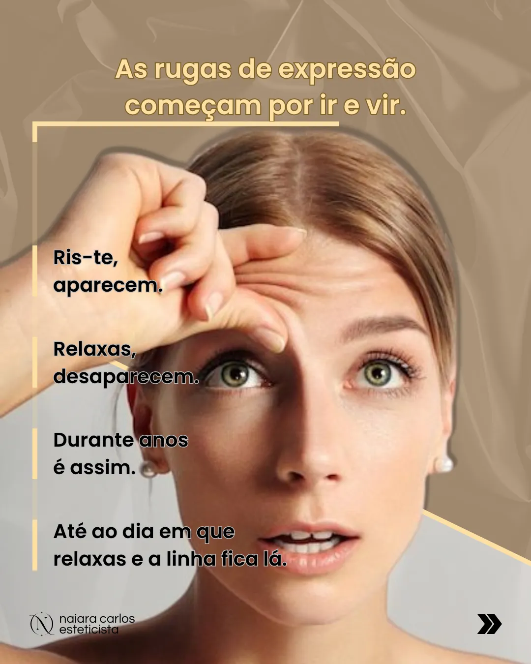 Mulher a levantar a pele da testa com dois dedos: as rugas de expressão começam por ir e vir, até ao dia em que relaxas e a linha fica lá